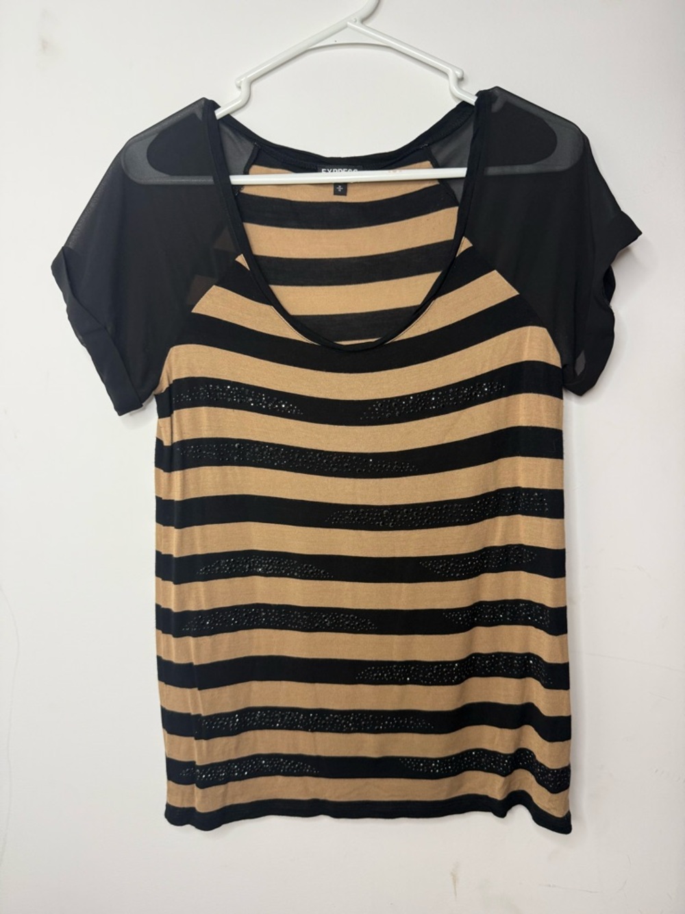 Express Black and Tan Striped Short Sleeve Top